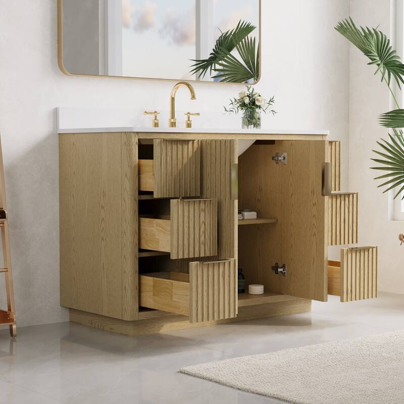 35''H Solid Wood Bathroom Vanity With Stain-resistant Carrera White Quartz Top and Sink