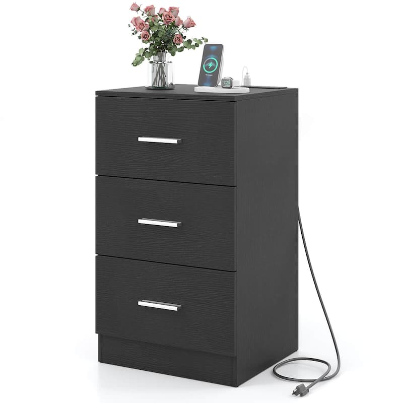 Costway 1/2 PCS Nightstand with Charging Station, 3 Storage Drawers - 1 PCS