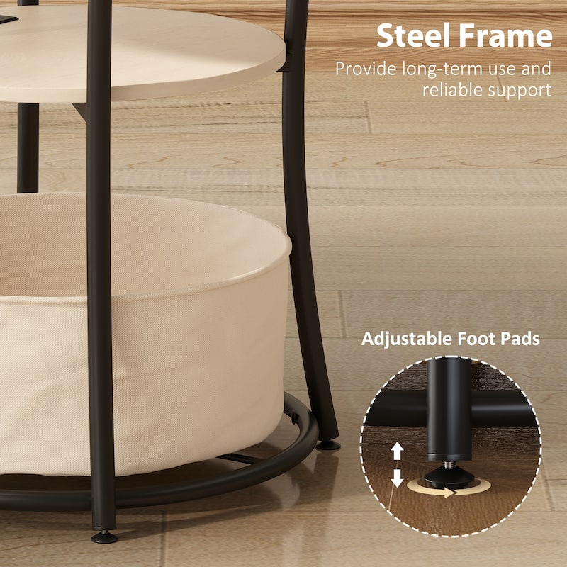 HOMCOM Round Side Table with Charging Station, 3-Tier End Table with Fabric Storage Bag, Shelf and Steel Frame for Living Room