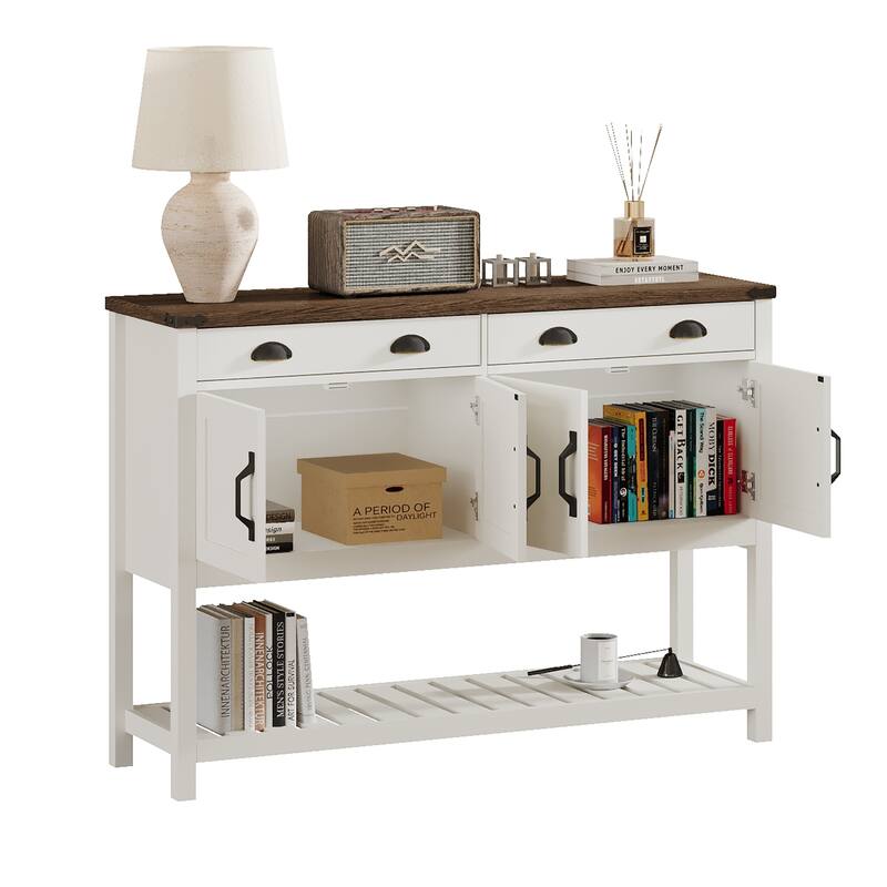 47'' Modern Farmhouse Console Storage Table - Two Drawers, Four-Door Cabinet with Adjustable Shelves & Slatted Display Shelf