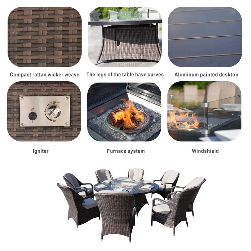 9-piece Outdoor Wicker Gas Fire Pit Round Table Set with Arm Chairs