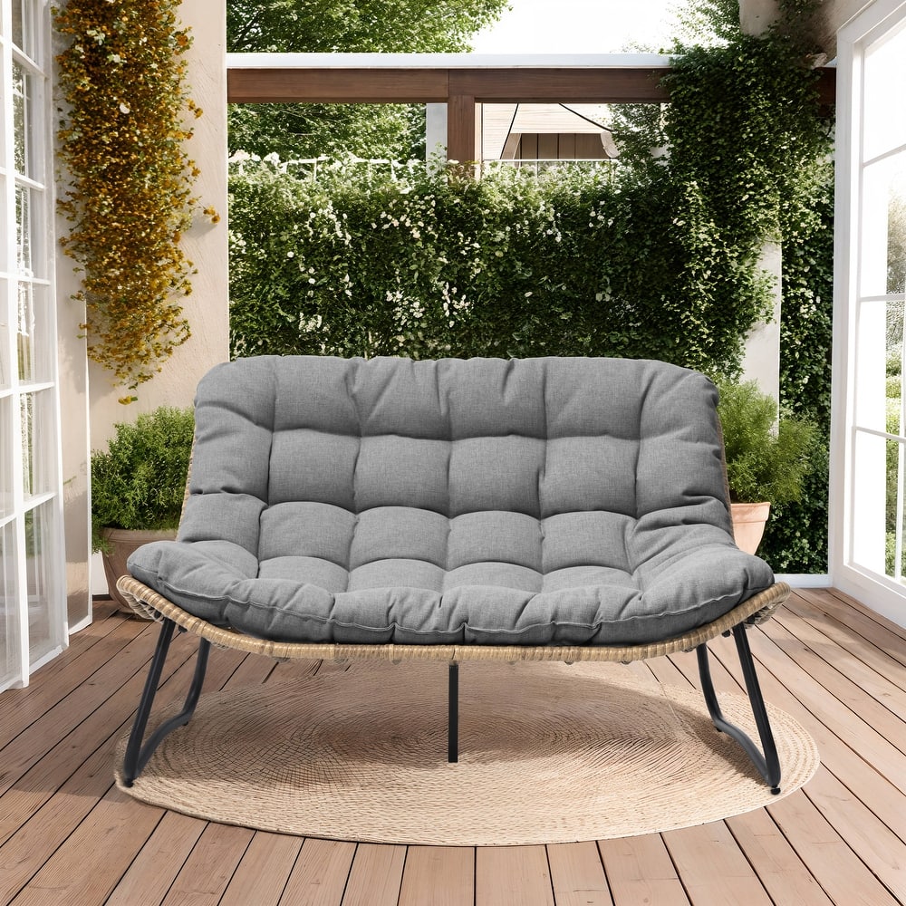 Double Papasan PE Rattan Chair Loveseat with Cushion For Indoor Outdoor