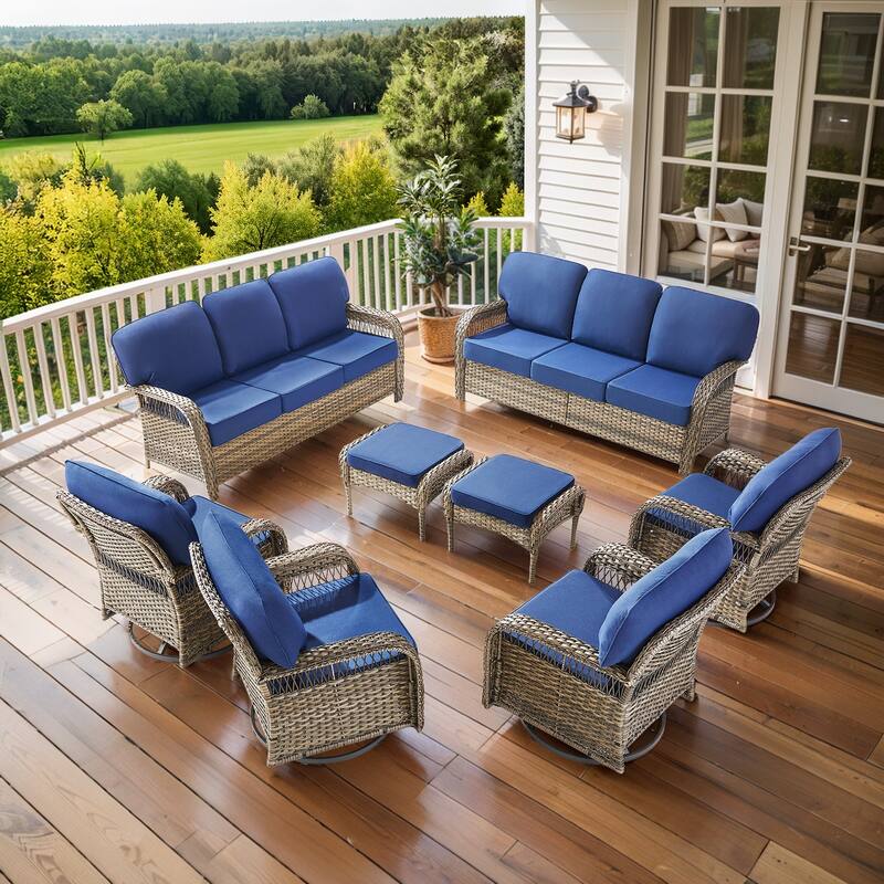 Pocassy Patio Outdoor Sofa Ottoman with Swivel Chair Table - Gray Wicker Blue Cushion - 8-Piece Sofa Swivel Chair with Ottoman