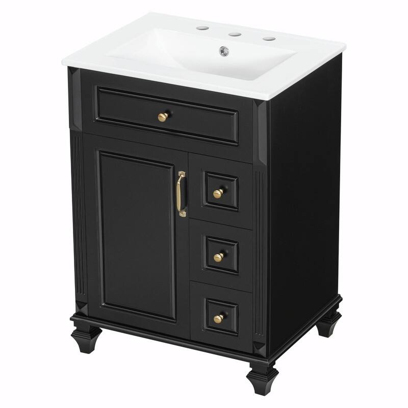 24" Bathroom Vanity with Sink, Freestanding Vanity Cabinet with Flip-Out Drawer, 3 Drawers, Ceramic Top