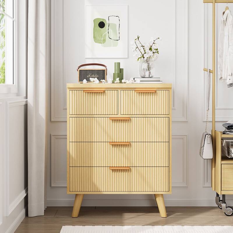 Gymojoy Fluted 5 Drawer Dresser, Modern Wood Chest of Drawers, Closet Dresser Organizer