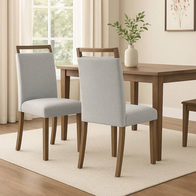 Koji Dining Chair Set of 2, Gray Fabric Padded Seat, Brown Wood Frame