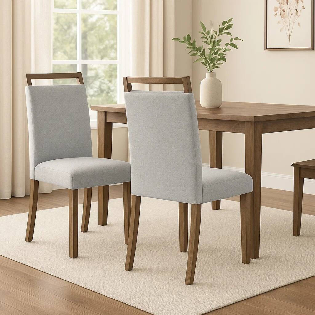 Koji Dining Chair Set of 2, Gray Fabric Padded Seat, Brown Wood Frame