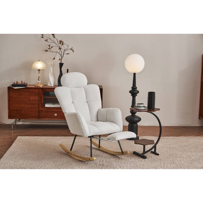 Teddy Fabric Upholstered Rocking Chair with Pillow and Footrest