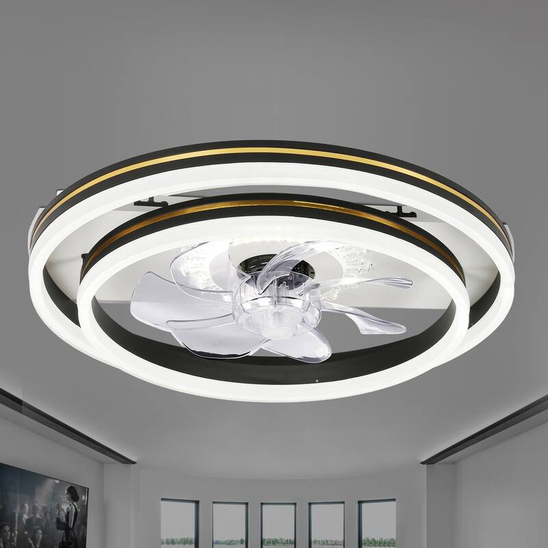 Oaks Aura 20in. LED Smart App Remote Control Low Profile Dual Tier Ceiling Fan Flush Mount Dimmable Bedroom Lighting