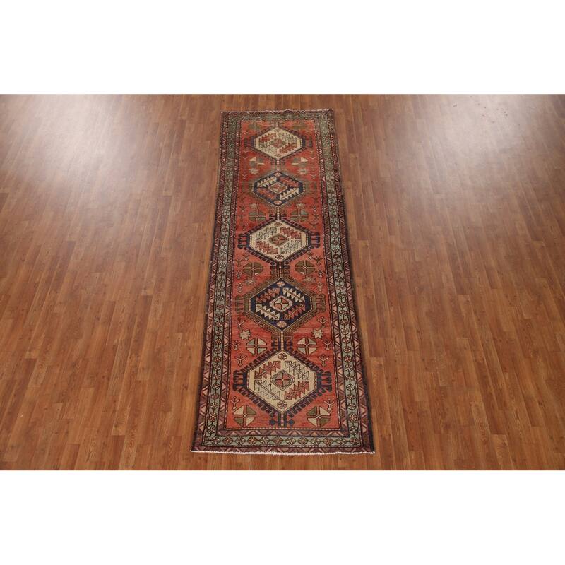 Vegetable Dye Tribal Orange Heriz Persian Vintage Runner Rug - 3'6"x 10'7"