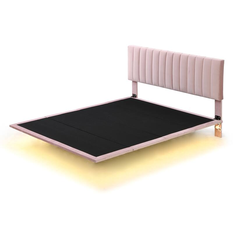 Queen Upholstered Velvet Bed with Sensor Light and Floating Frame - Modern Platform Bed with Headboard, No Box Spring Required