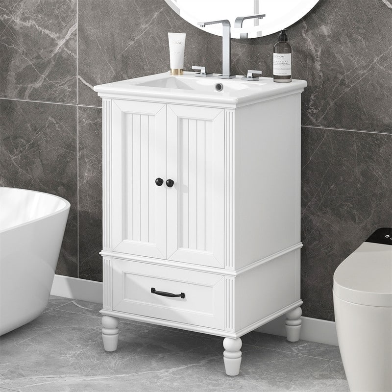 20" Bathroom Vanity with Ceramic Sink Combo, Modern Bathroom Storage Cabinet with 2 Doors and 1 Storage Drawer