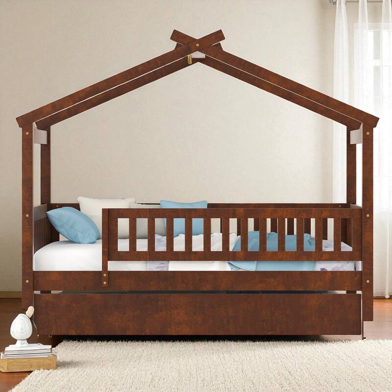 Twin Size Wooden House Bed with Trundle, Roof Design Platform Frame with Headboard for Kids, No Box Spring Needed