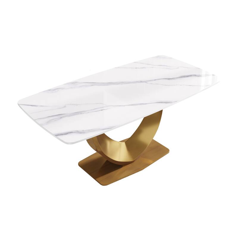 Modern Rectangle Marble Dining Table for 6-8, Marble Kitchen Dinner Table with Gold Finish Metal Base