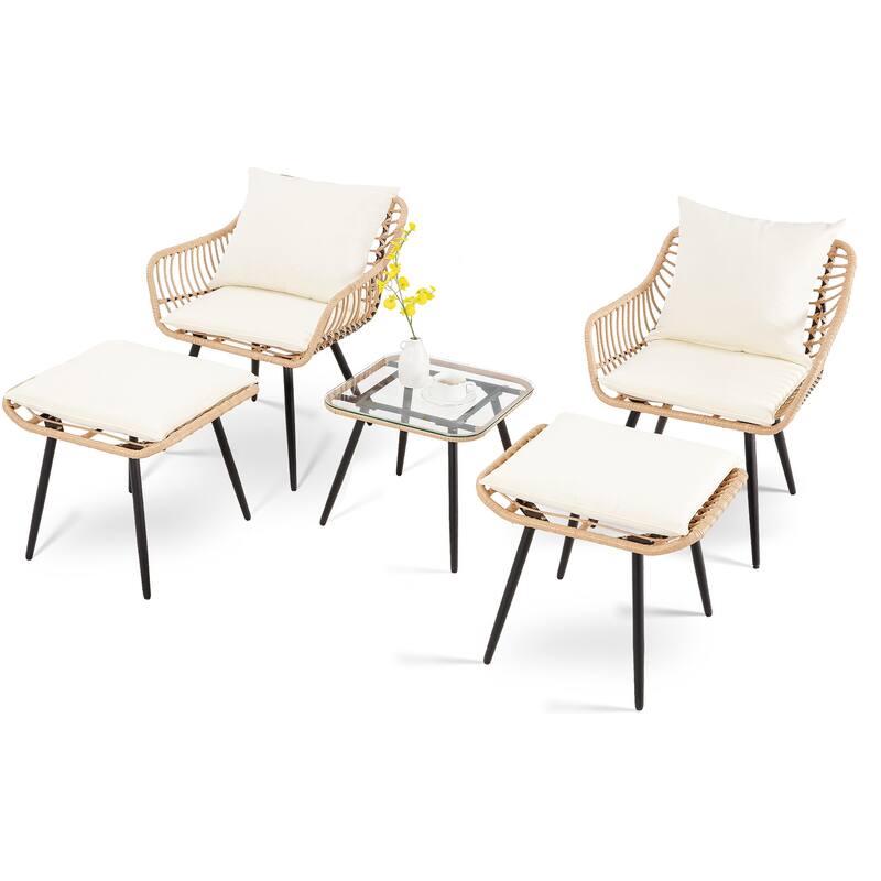 5 Piece Patio Bistro Set with Ottoman, Outdoor Wicker Apartment Balcony Furniture Sets, Rattan Table and Chairs Set of 2 - Yellow