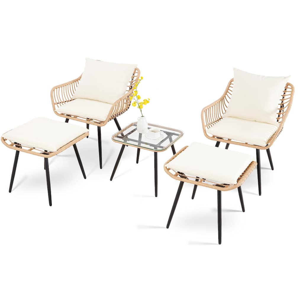 5 Piece Patio Bistro Set with Ottoman, Outdoor Wicker Apartment Balcony Furniture Sets, Rattan Table and Chairs Set of 2