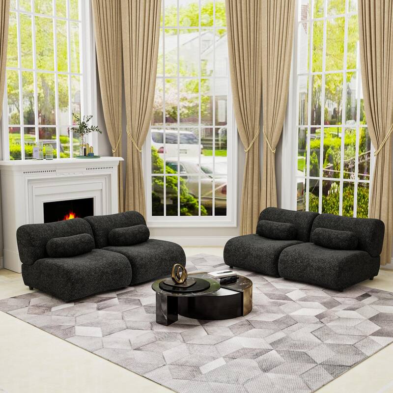 Chenille Modular Sectional Sofa Set, 4-Seater with Reclined Back