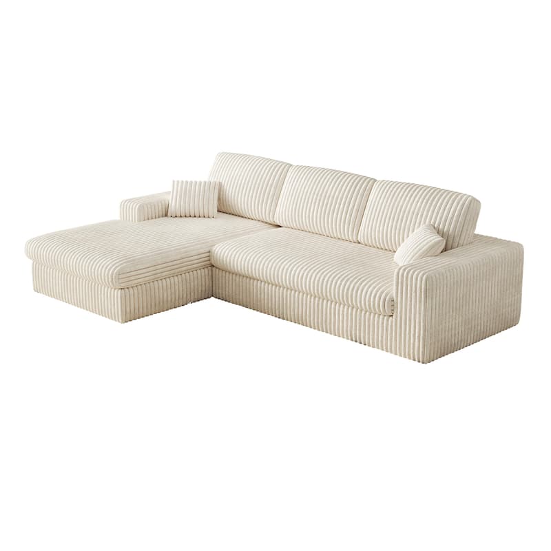 L-Shaped Sectional Sofa with Chaise Lounge, Corduroy Modular Foam Sofa, Upholstered Sofa with 2 Cushion & 2 Throw Pillows