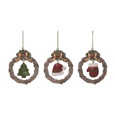 Transpac Resin Wreath & Hanging Charm Ornament Set of 3 Christmas Home Decorations