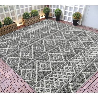 HR Indoor Outdoor Rugs Trellis Pattern Gray Outdoor Carpet-Lasts Long Under Sunlight-Grey Ivory