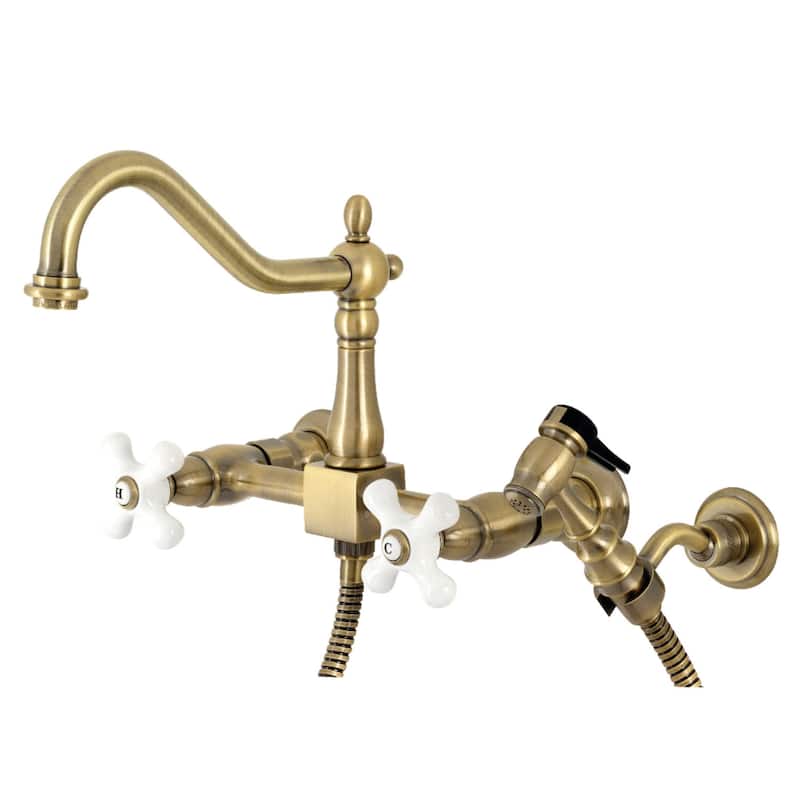 Kingston Brass Heritage 1.8 GPM Wall Mounted Widespread Bridge Kitchen - Vintage Brass