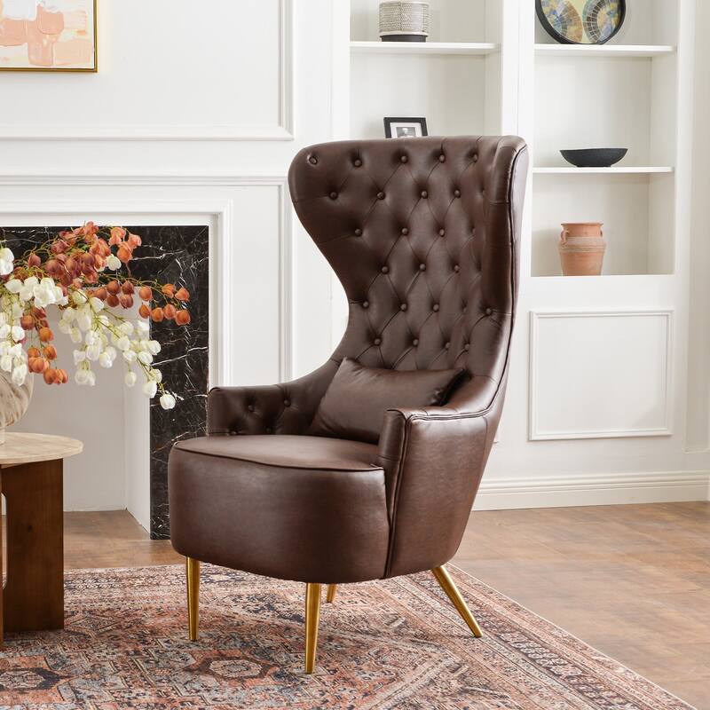 KINWELL Upholstered Tufted Faux Leather Wingback Chair PU Accent Chair