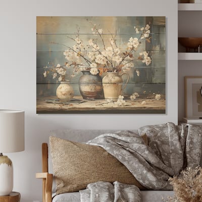 Designart "Pottery And Flowers Still Life I" Trees Wood Wall Decor - Traditional Brown Wood Panel On Natural Pine Wood
