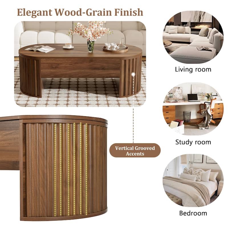 47.2'' Modern Oval Lift-Top Coffee Table with Hidden Storage Compartment, Wooden Center Table for Living Room