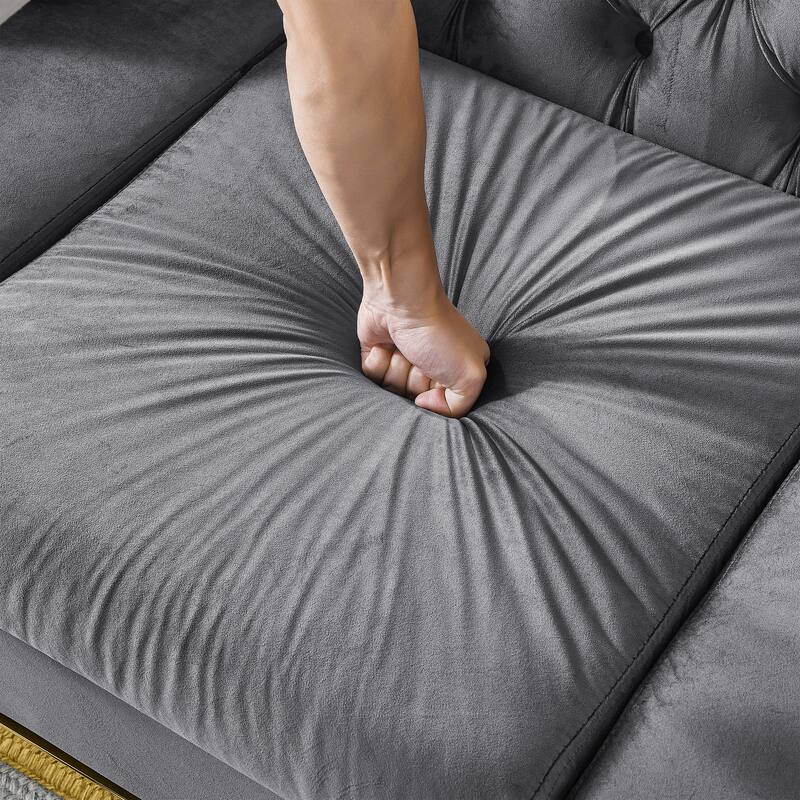 Velvet Chesterfield Sofa with 2 Pillows, Tufted Upholstered 3 Seater Sofa, Accent Sofa with Rolled Arms & Stainless Legs