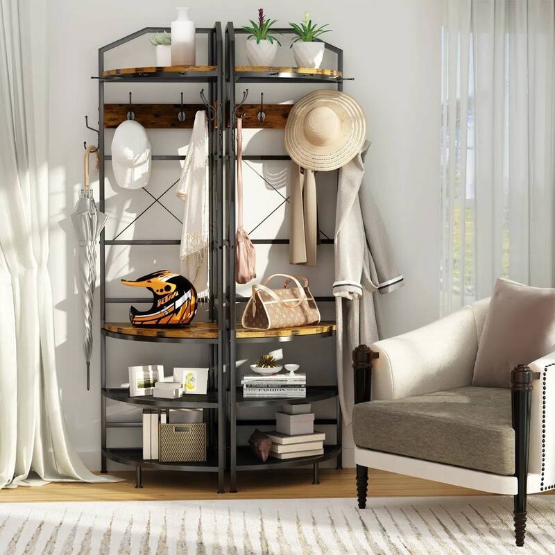 Industrial Metal and Wood Corner Hall Tree with Shoe Storage Bench Hooks and Shelves Rustic Brown - 72'' H X 17.7'' W X 17.7'' D