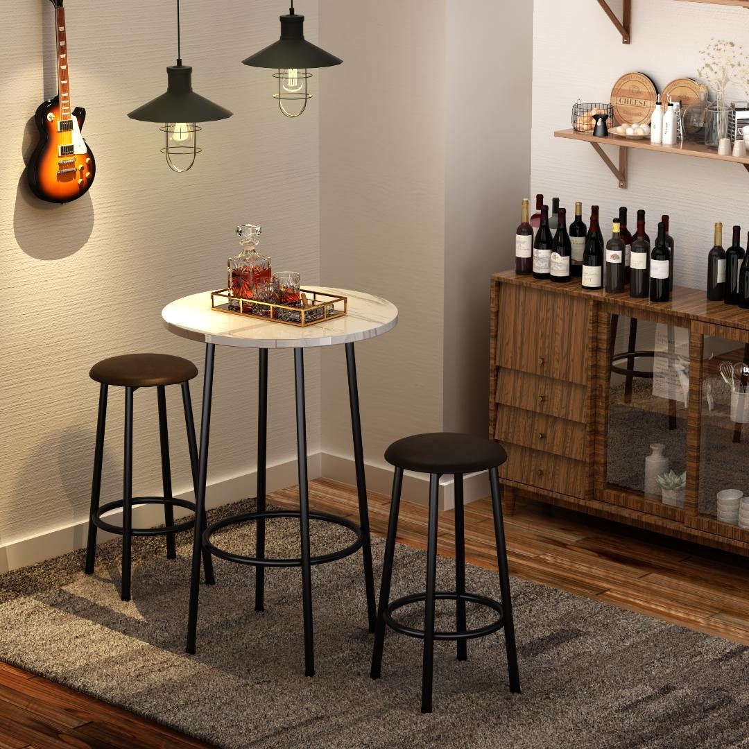 3 Pieces Modern Round Bar Dining Table Set with 2 PU leather