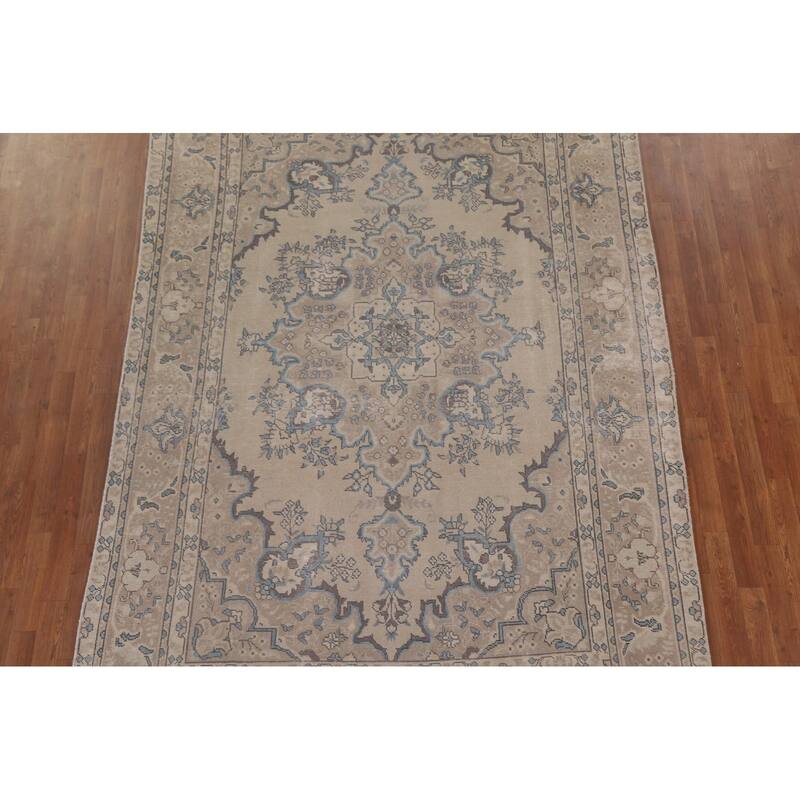 Vintage Distressed Tabriz Persian Rug Beige Handmade Wool Carpet - 6'11" x 10'4"