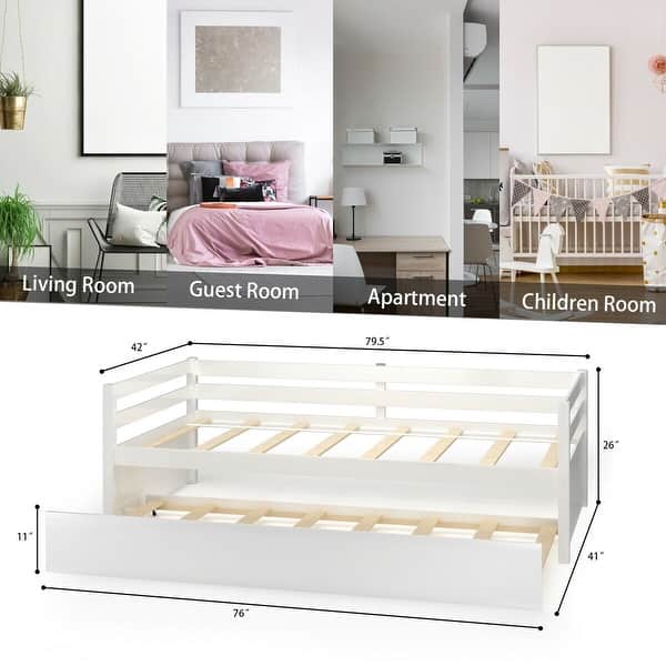 dimension image slide 1 of 4, Costway Twin Size Trundle Daybed Wooden Slat Support Mattress Platform