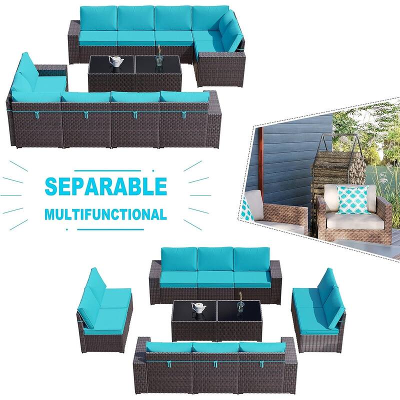 Kullavik 12 Pieces Outdoor Patio Furniture Set Sectional Rattan Sofa Set with Tempered Glass Table