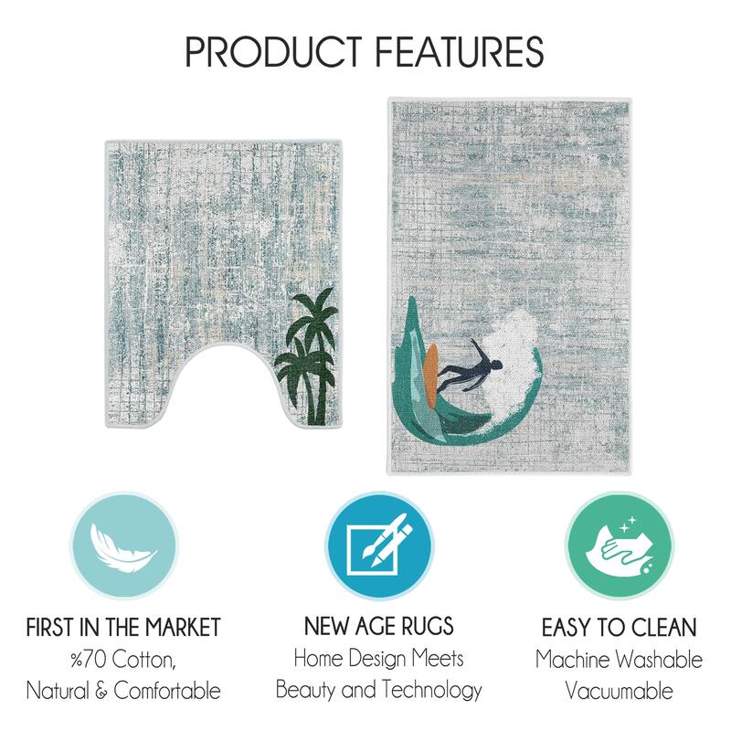 Toilet Mat Set - 2-Piece Designer Print Bathroom Contour Rugs Combo - Non Slip, Soft Cotton & Absorbent Floor Carpets