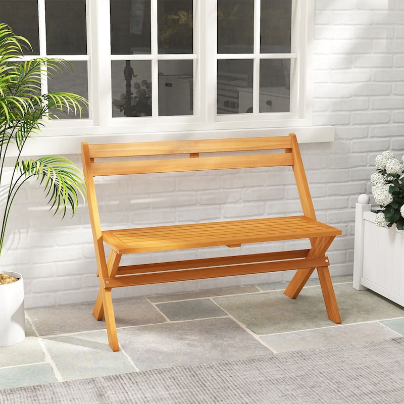 Gymax Foldable Outdoor Bench 2-Person Acacia Wood Patio Garden Bench