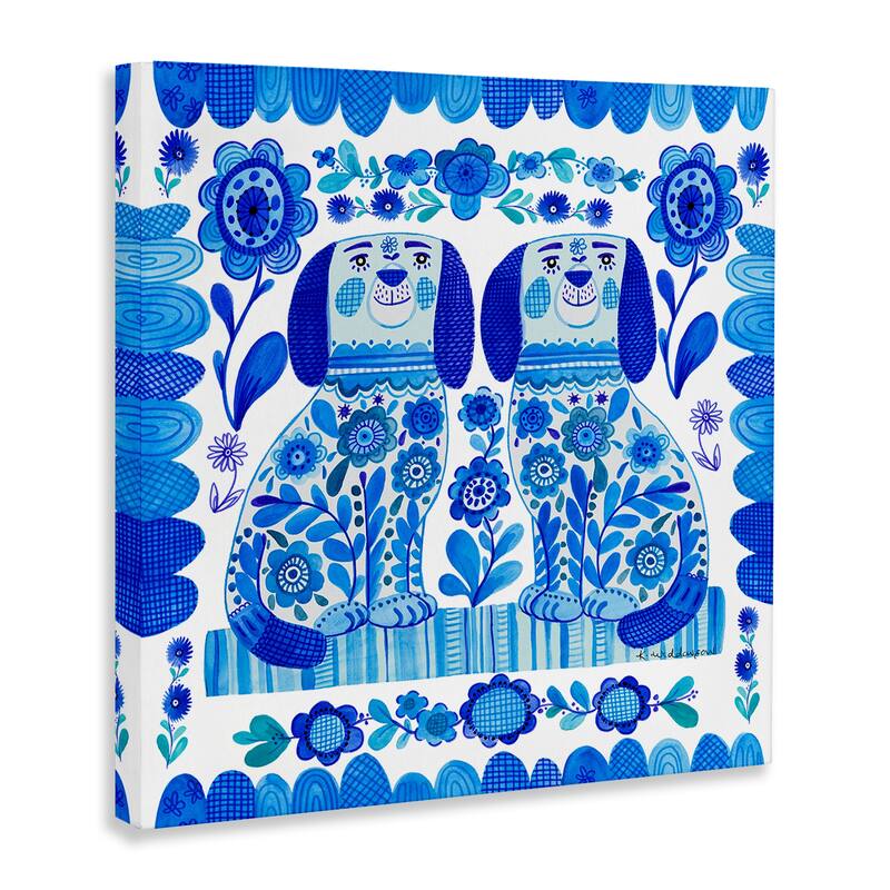 Stupell Blue Folk Style Puppies Canvas Wall Art Design By Kay Widdowson