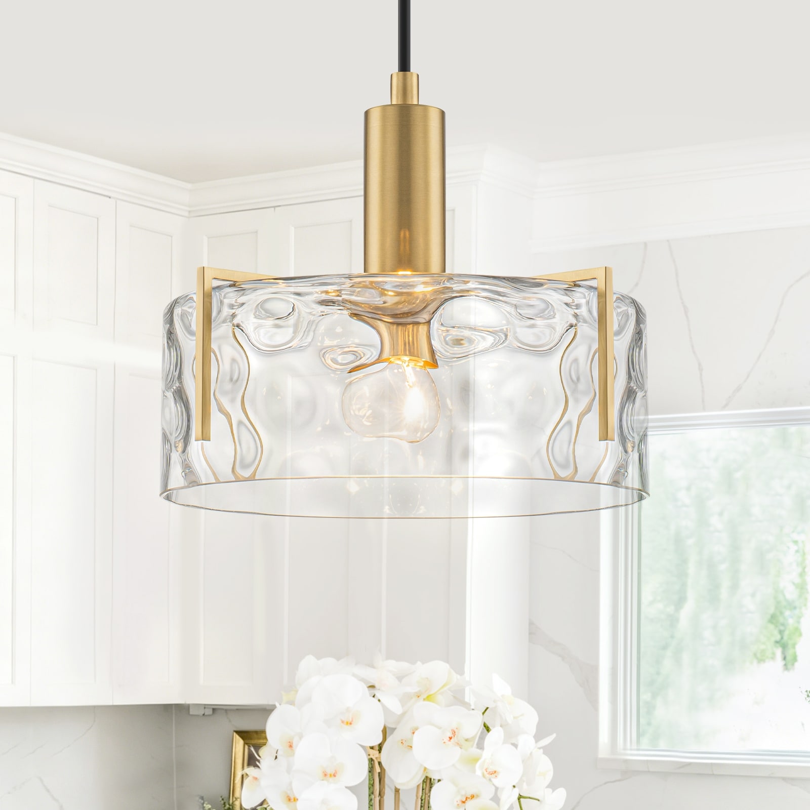 Modern Drum Pendant Light Clear Water Ripple Glass Shade for Bedroom - Dia.9.8inch
