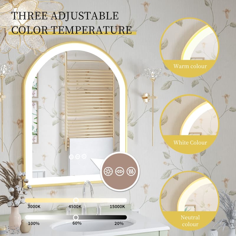 Gold Aluminum Arched Frame Bathroom Vanity Mirror Dimmable