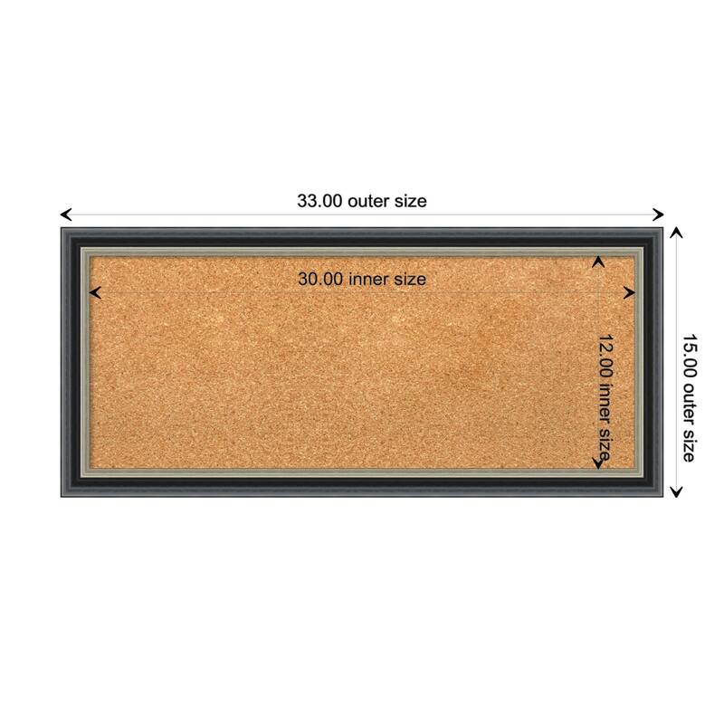 Theo Black Silver Wood Framed Natural Corkboard Bulletin Board - Board Size 30x12