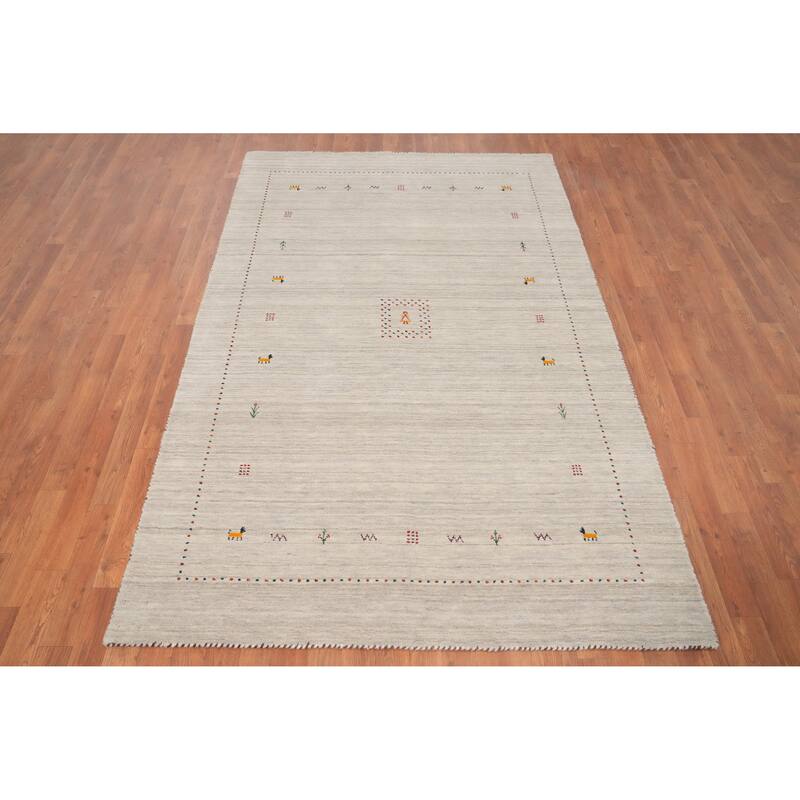 Hand Knotted Oriental 100% Wool Carpet Tribal Animal Pictorial Beige & Ivories Gabbeh Area Rug - 7' 9'' X 5' 0''