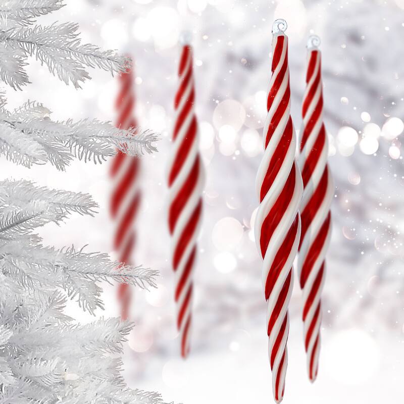 12" Glass Peppermint Finial Ornament Set of 4 - Red