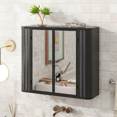 Bathroom Wall Cabinet, Farmhouse Storage Cabinet with Mirrored Doors and Open Shelf for Vanity, Toilet, Over The Sink