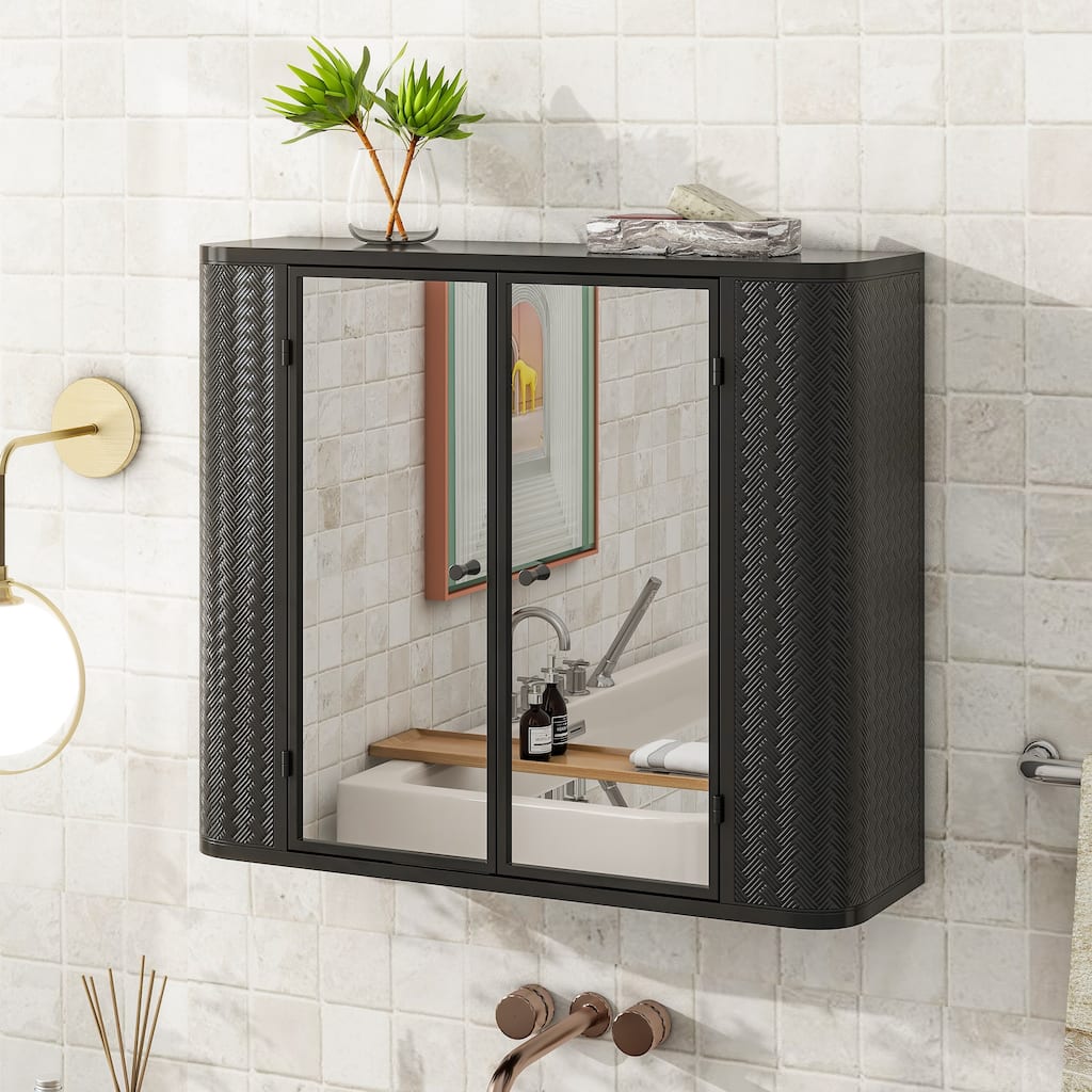 Wall-Mounted Bathroom Cabinet with Mirror, 2 Mirrored Doors & Open Shelf, Metal Frame Storage Cabinet with Open Compartment