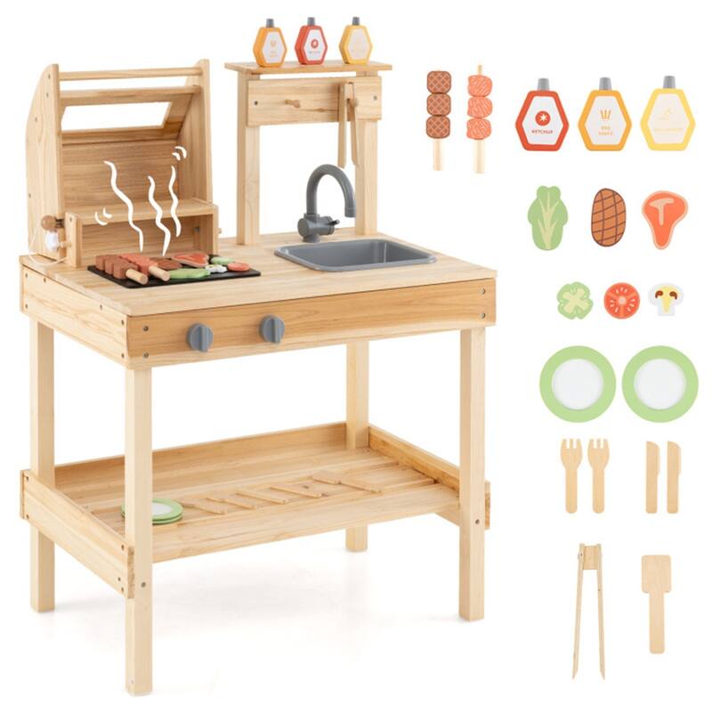 Kids Wooden BBQ Grill Playset with Sink Storage and Utensils Natural Outdoor Pretend Cooking Toy for Ages 3 and Up