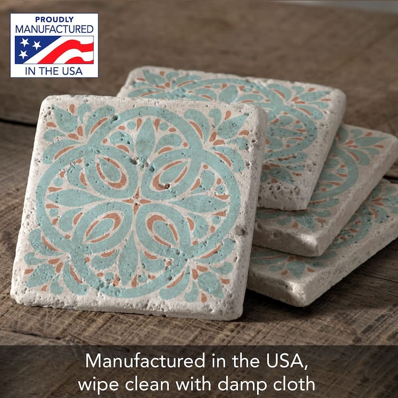 Aegean Tile 4 Pack Natural Travertine Absorbent Stone Coasters with Protective Cork Backing Manufactured in The USA