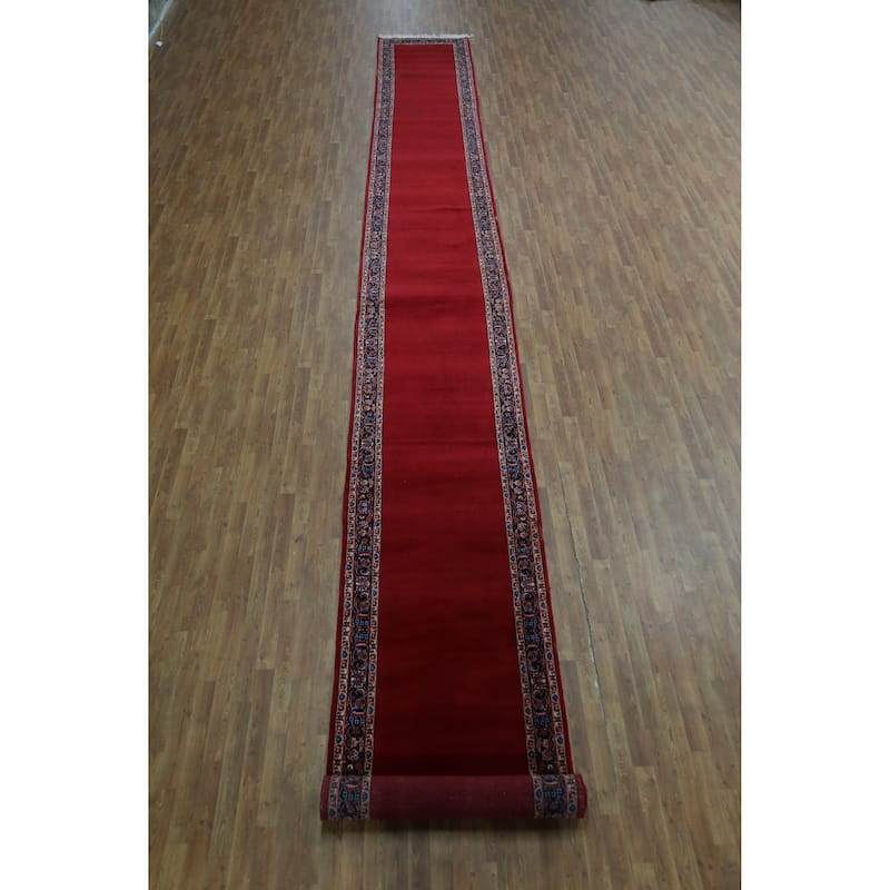 Hand Knotted Oriental 100% Wool Carpet Traditional Solid Red Kashan Runner Rug - 32' 7'' X 3' 3''