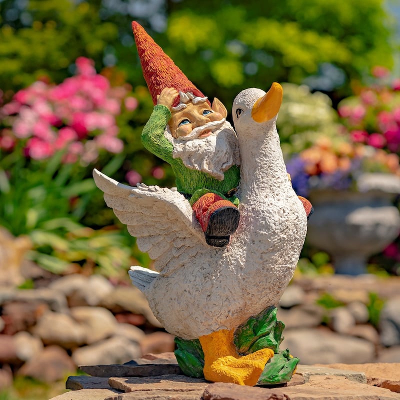 23 Inch Tall Spring Gnome Garden Statue Riding a Duck - Magnesium Oxide - Multi - Small