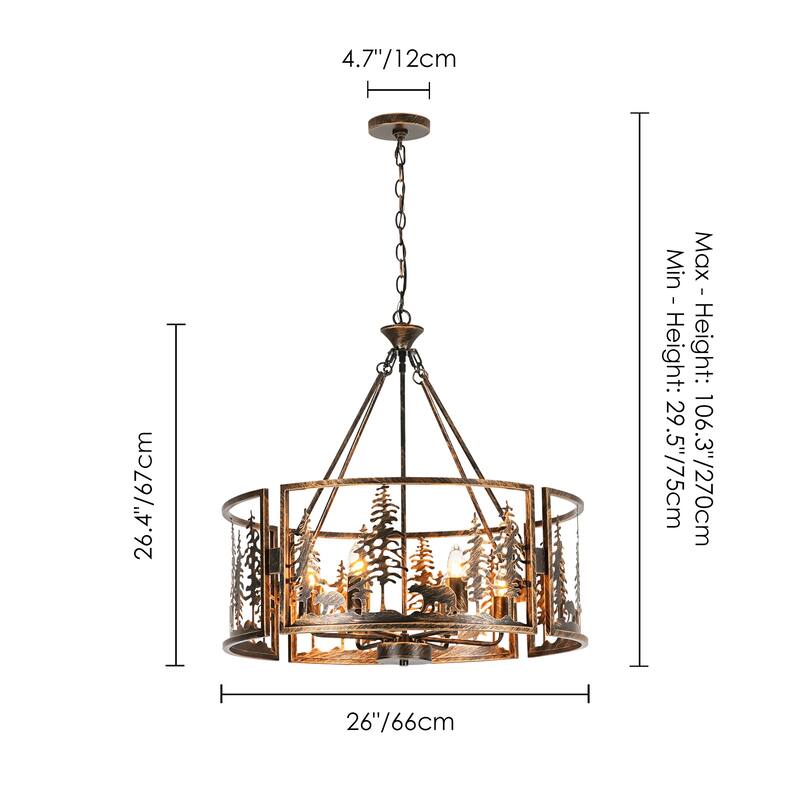6-Light Black & Gold Iron Chandelier with Adjustable Chain for Rustic Lodge Spaces - 26 in. W x 26.4 in. H