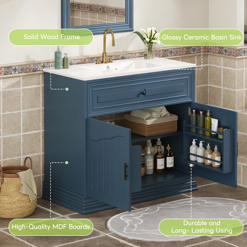 36" Bathroom Vanity with Ceramic Sink, 2 large Soft Closing Doors